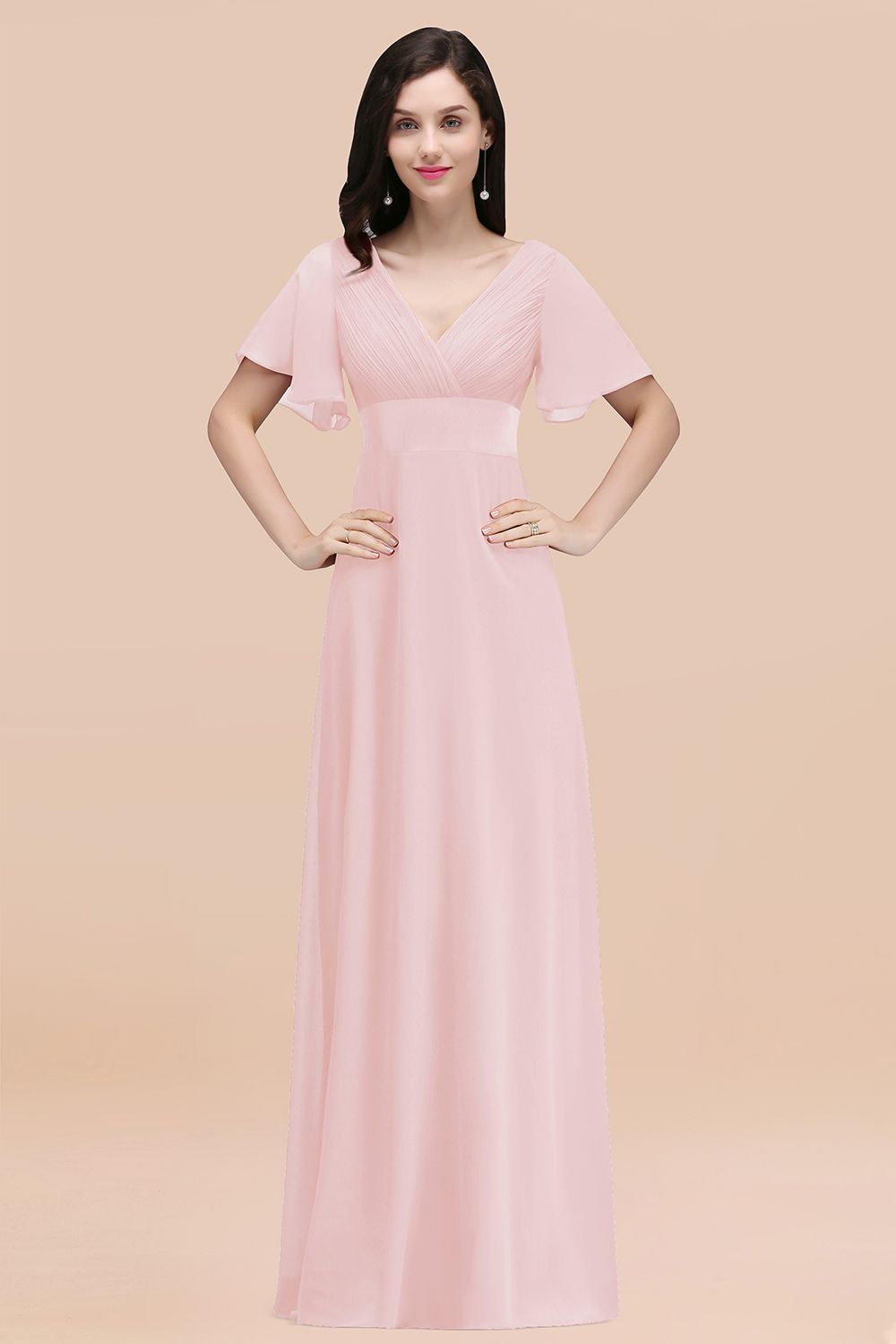 Simple A-Line Chiffon V-Neck Short Sleeves Ruffles Floor Length Bridesmaid Dresses