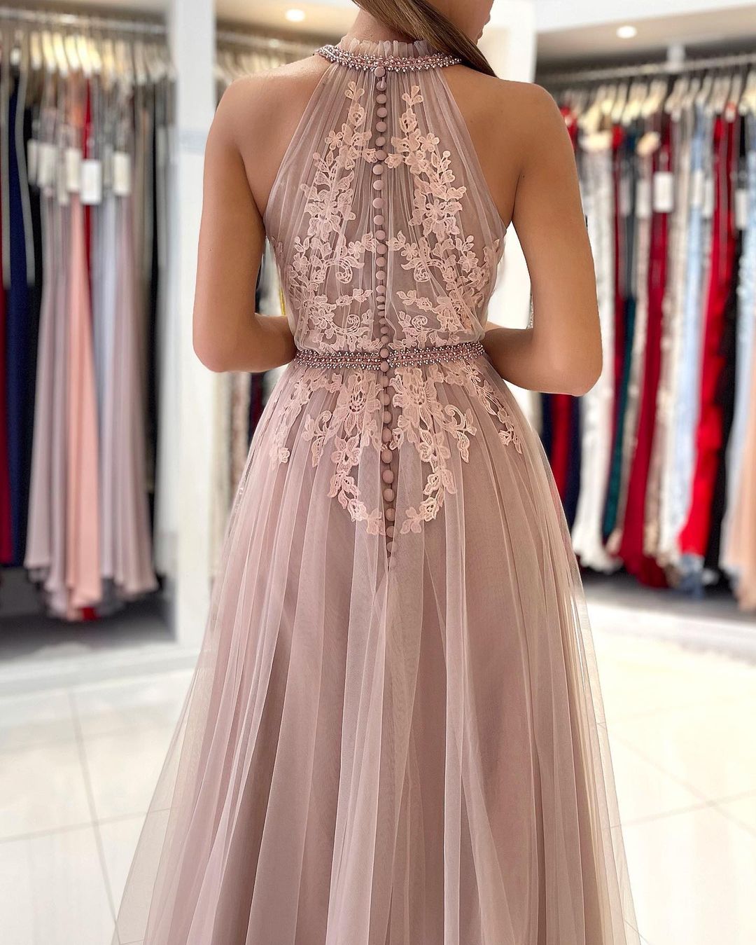 Stunning Long A-line Halter Tulle Formal Prom Dress with Lace Appliques