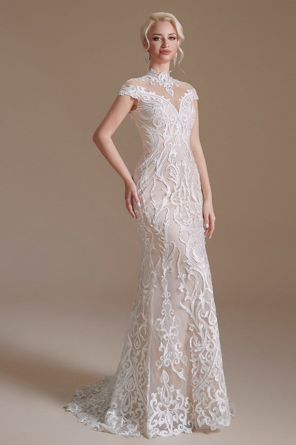 Vintage Long Mermaid High Neck Lace Wedding Dress with sleeves