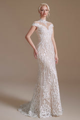 Vintage Long Mermaid High Neck Lace Wedding Dress with sleeves