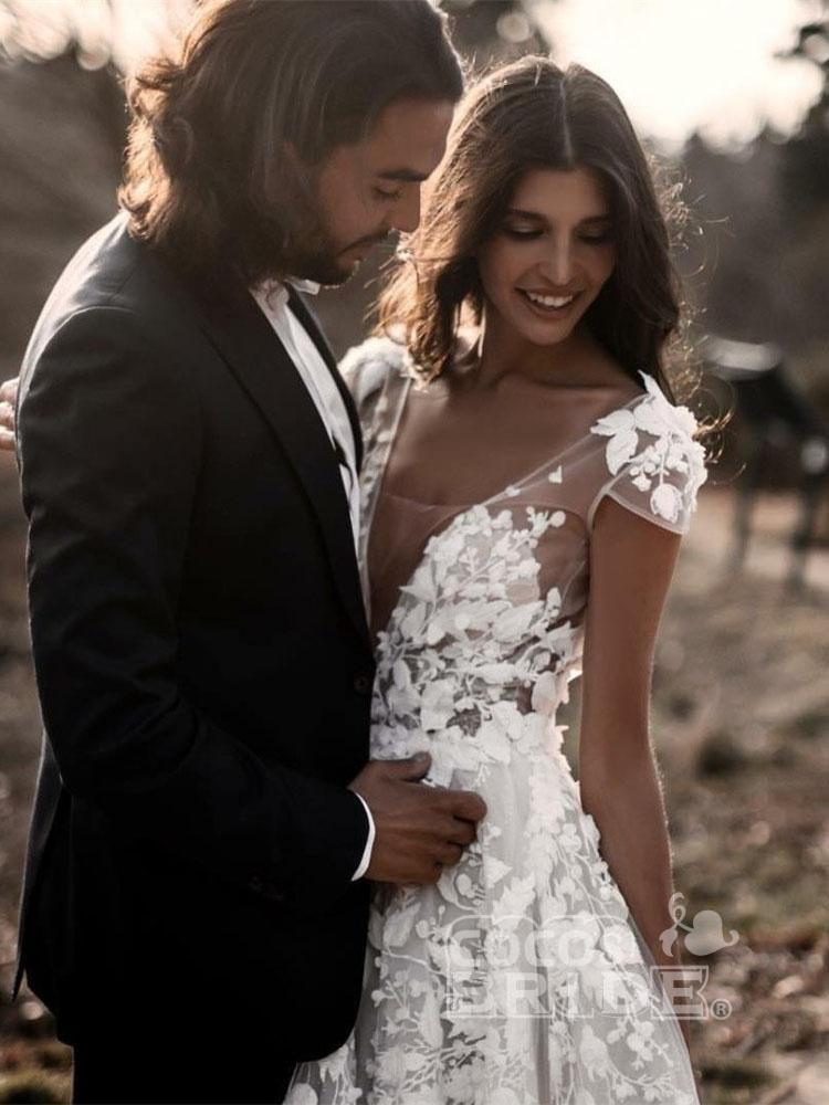 Long Lace V Neck Backless A Line Wedding Dresses with Short Sleeve