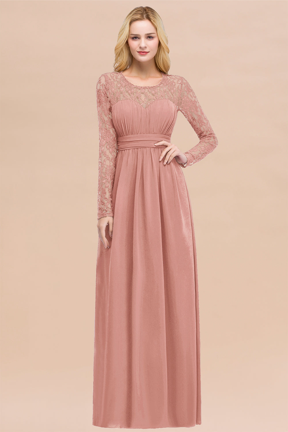 Elegant A-Line Chiffon Jewel Long Sleeves Ruffles Floor Length Bridesmaid Dresses