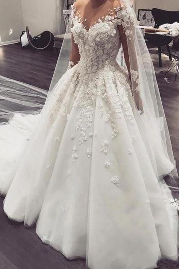Elegant Bateau Long Sleeve Appliques Lace A-Line Floor Length Wedding Dress