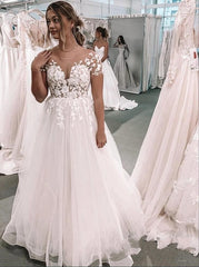 Plus Size Long A-Line Bateau Short Sleeve Appliques Lace Floor Length Tulle Wedding Dress
