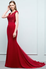Red Long V-neck Stretch Satin Mermaid Evening Dress