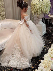 Long Sleeves Ball Gown Lace Tulle Court Train Wedding Flower Girl Dresses With Bow