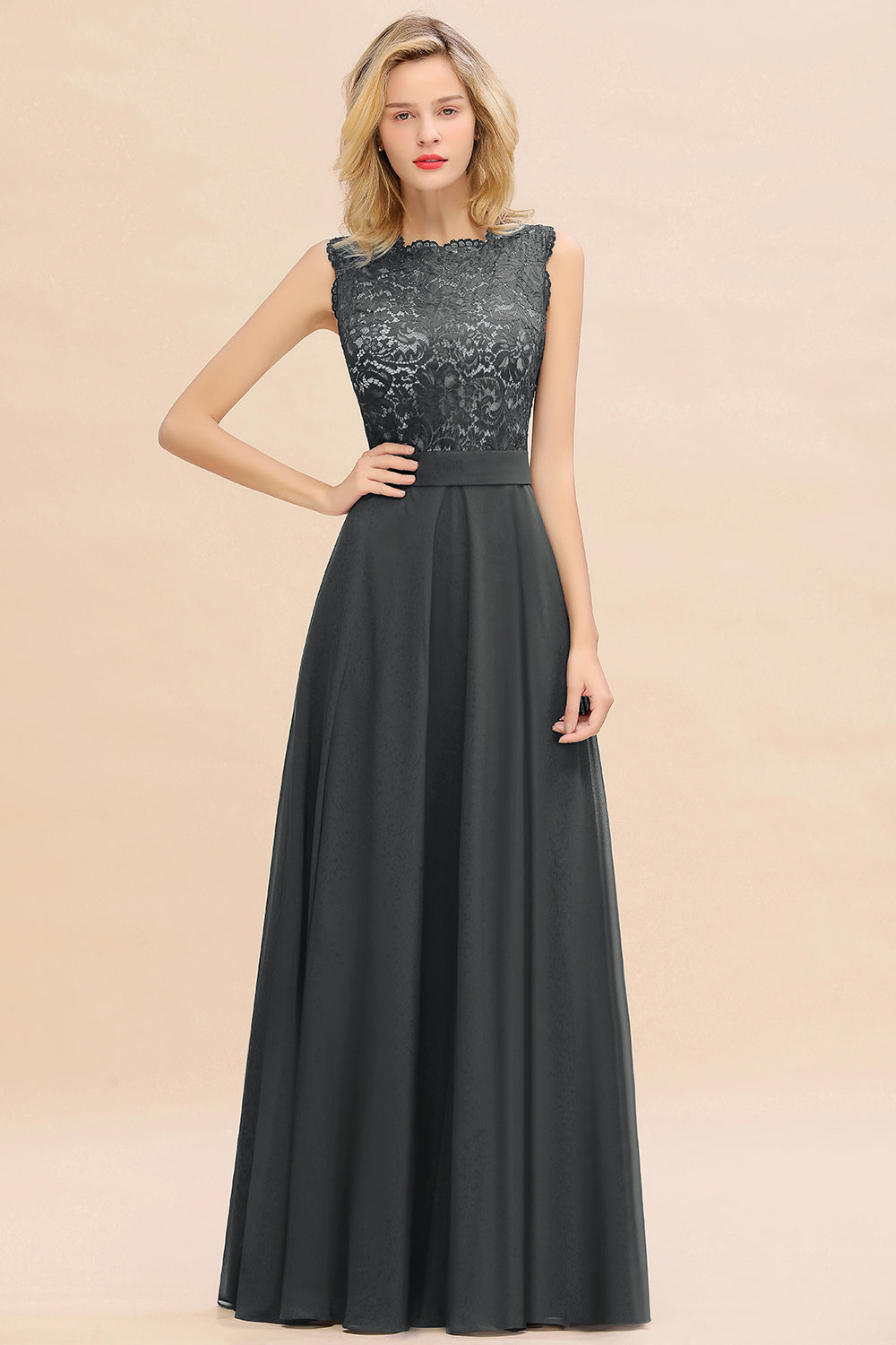 Long A-line Chiffon Lace Sleeveless Bridesmaid Dresses