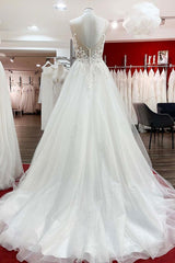 Long A-line V-neck Spaghetti Straps Ruffles Backless Wedding Dress with Lace