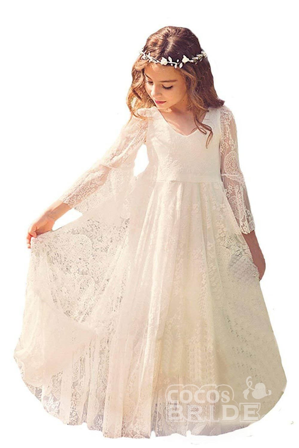 White A-line Scoop Neck Long Sleeves Dress Flower Girl Dress