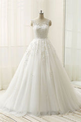 Elegant White Tulle Lace A-Line Long Wedding Dress