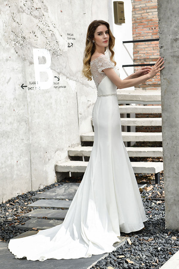 Long Mermaid Satin Lace Wedding Dress with Short Sleeve