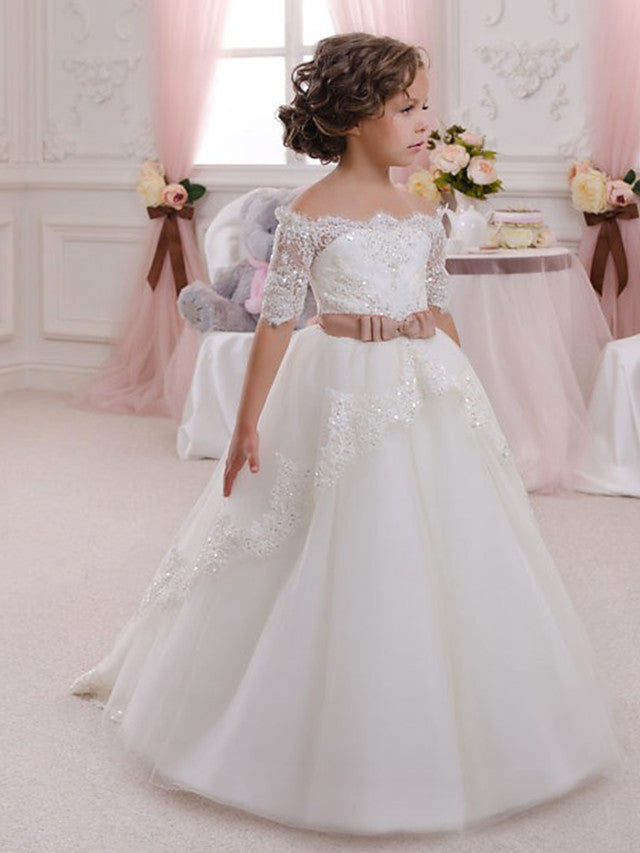 White Long Off the Shoulder A-line Tulle Flower Girl Dresses with Sleeves