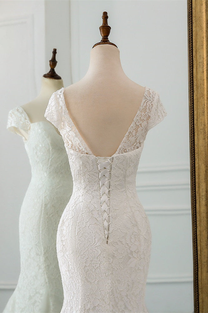 Elegant Long Mermaid Sweetheart Lace Wedding Dress with Cap Sleeves