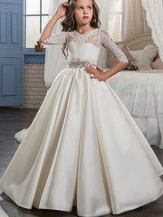 Ivory Long Ball Gown Satin Flower Girl Dresses with Half Sleeve