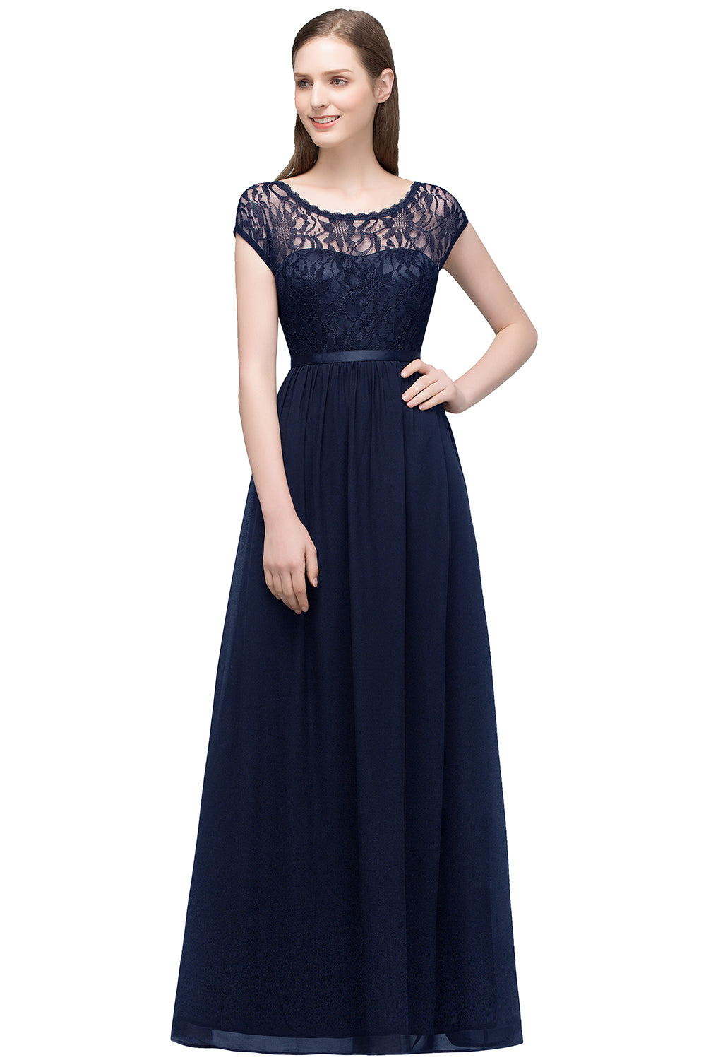 A-line Floor Length Short Sleeves Lace Bridesmaid Dresses with Sash