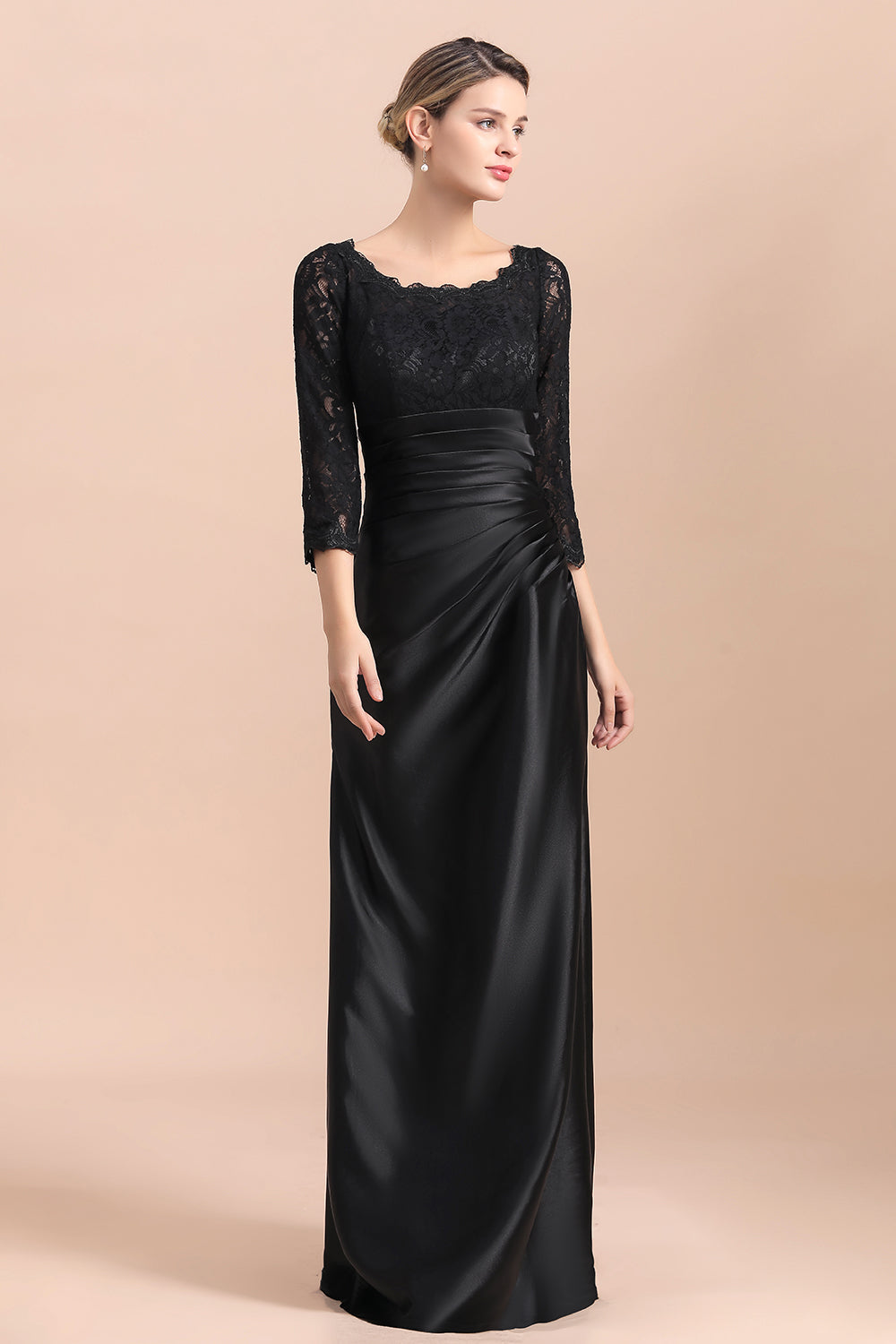 Elegant 3/4 Sleeves Black Satin Lace Ruffles Evening Dresses