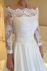Beautiful Long A-line Bateau Neck Satin Floral Lace Appliques Wedding Dresses with Sleeves