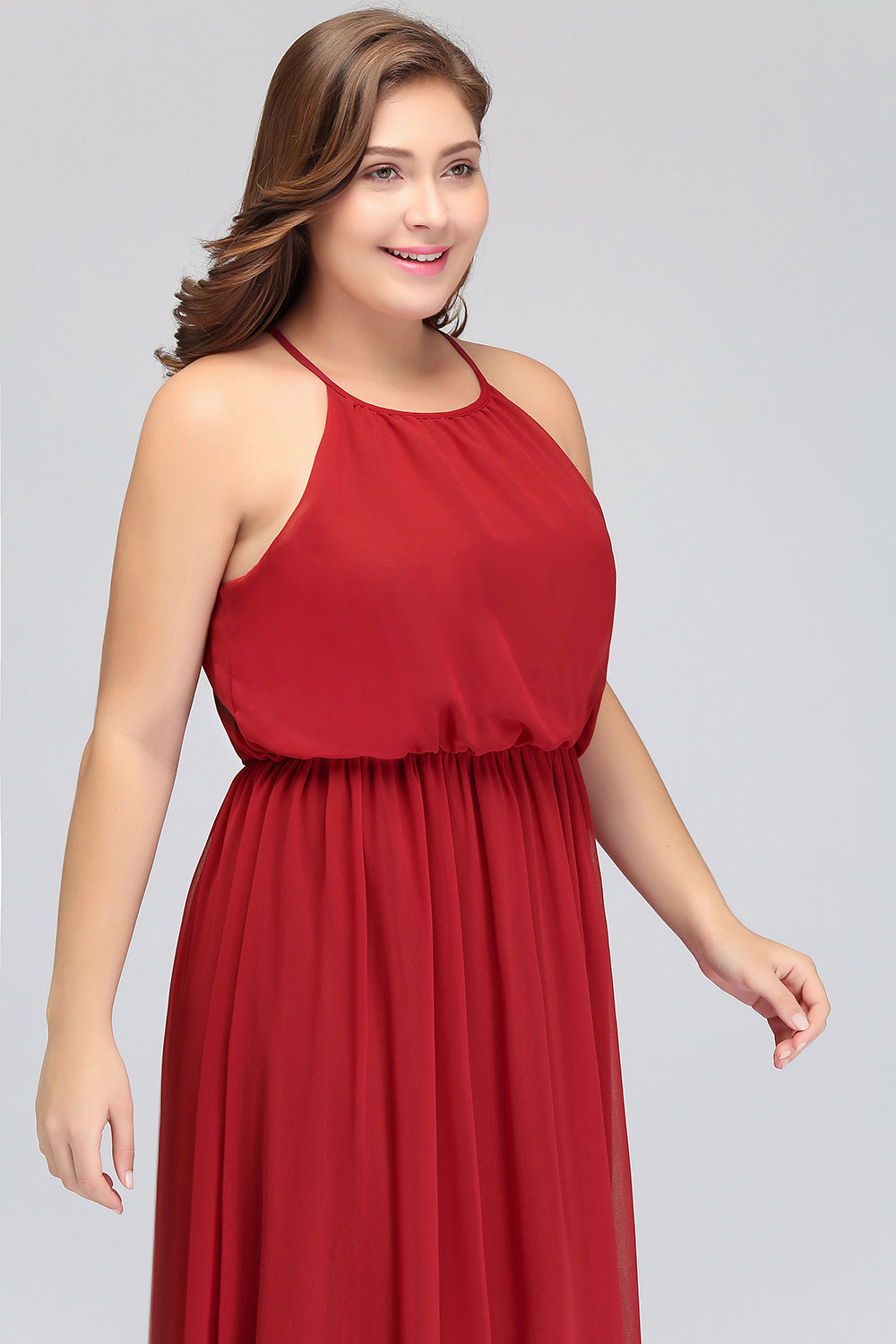 Plus Size A-line Chiffon Spaghetti Straps Halter Floor Length Prom Dress With Ruffles