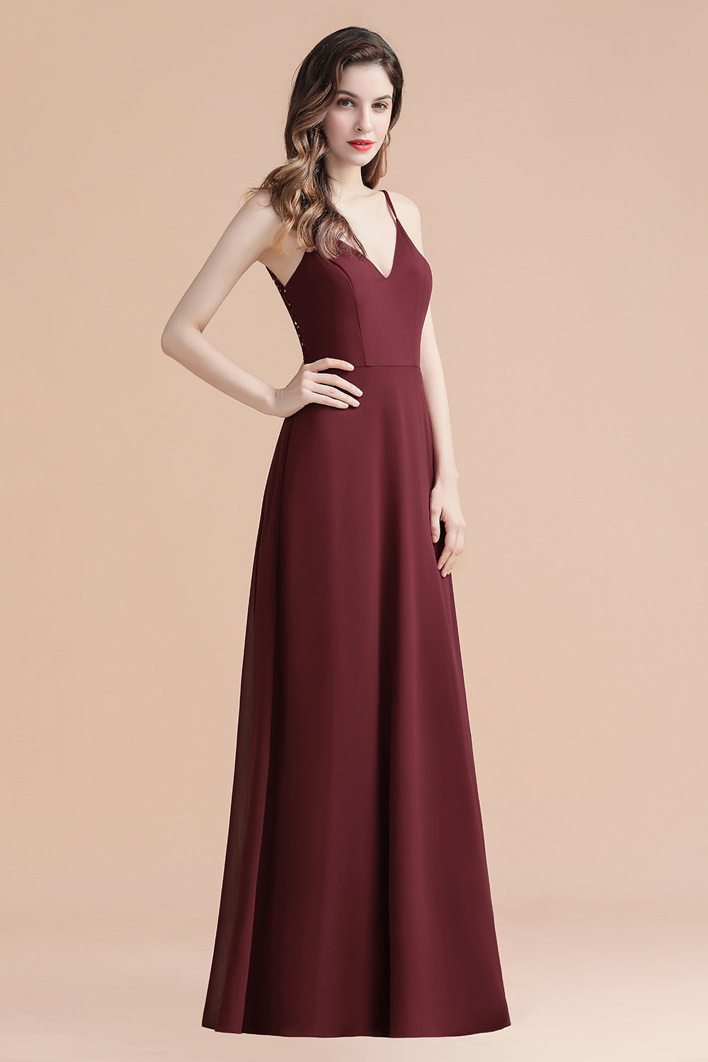 Elegant Spaghetti Straps V-Neck Chiffon Burgundy Long Bridesmaid Dress