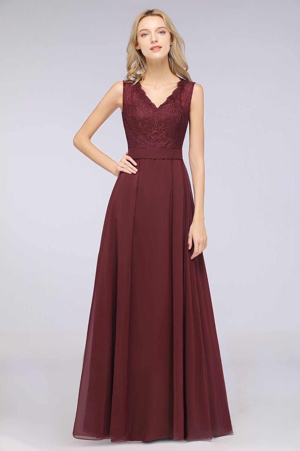 A-Line Chiffon Lace V-Neck Sleeveless Floor Length Bridesmaid Dress
