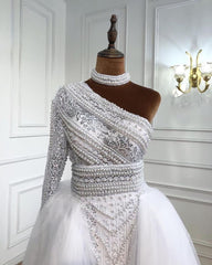 Elegant One Shoulder Long Sleeve Appliques Lace Floor Length Tulle Mermaid Prom Dress