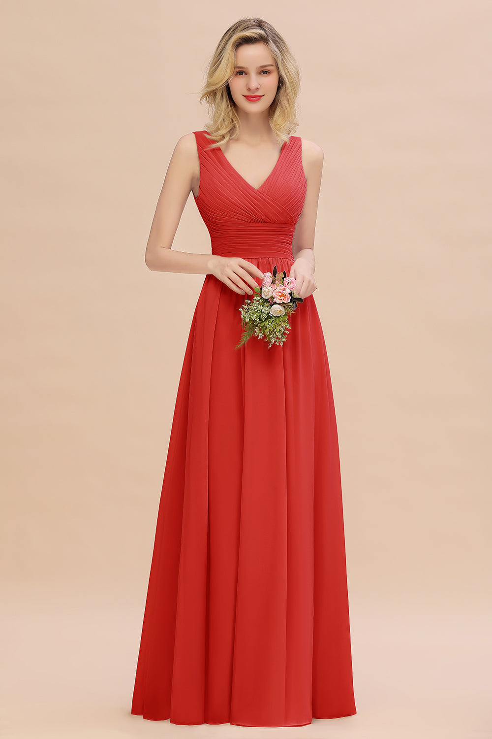 Elegant A-line V-Neck Ruffles Long Bridesmaid Dress