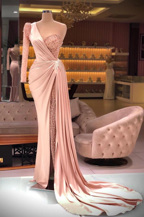 Mermaid One Shoulder Satin Long Beading Prom Dresses with High Split