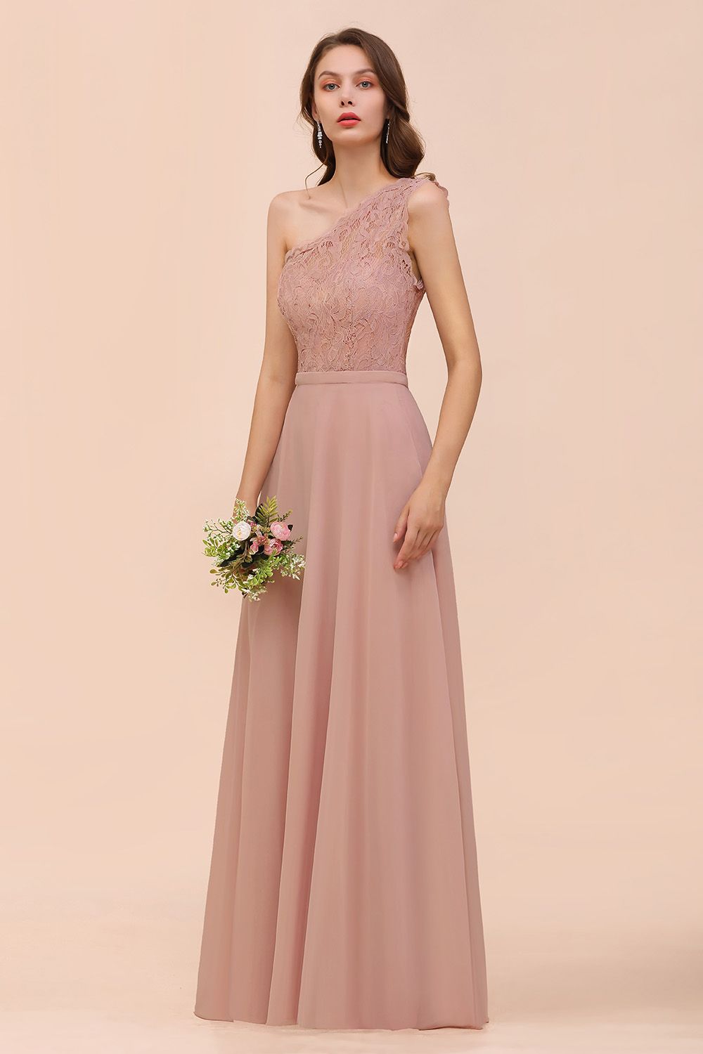 Classy One Shoulder Appliques Lace Floor Length A-Line Chiffon Bridesmaid Dress
