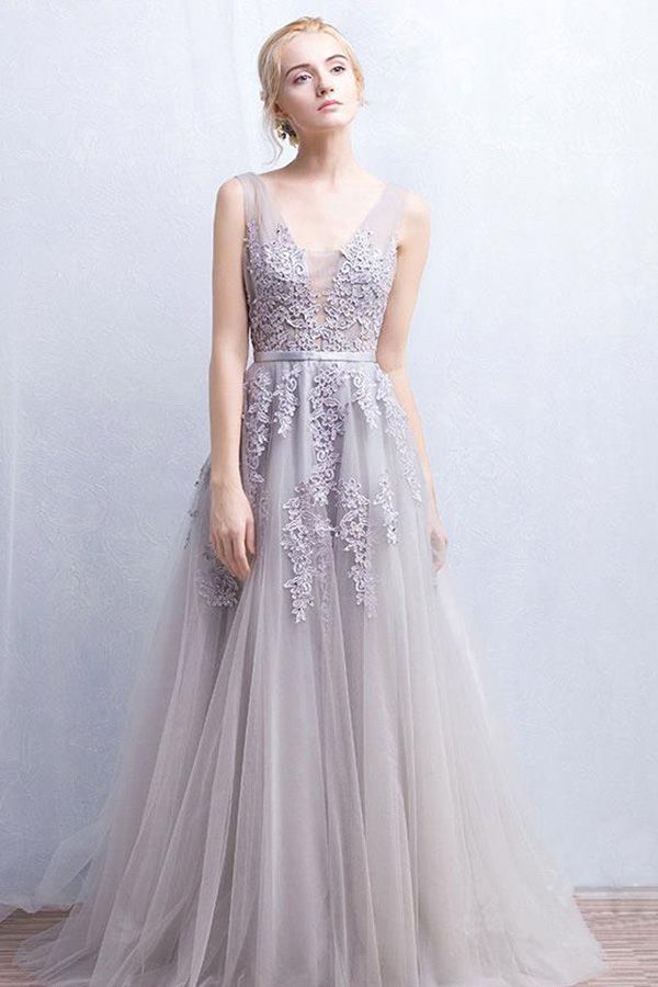 Fabulous Long V-neck Tulle Lace A-line Evening Dress