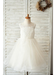 Ball Gown Knee Length Tulle Birthday Flower Girl Dresses with Appliques Lace