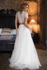 Long A-line Lace Tulle Two Piece Wedding Dress with Short Sleeve