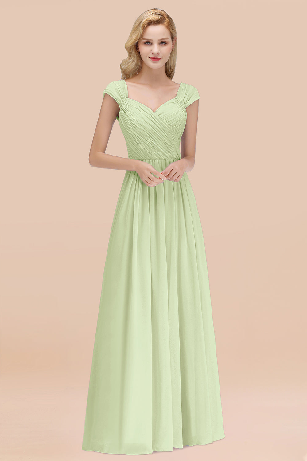 A-Line Chiffon Straps Sweetheart Sleeveless Floor Length Bridesmaid Dress with Ruffles