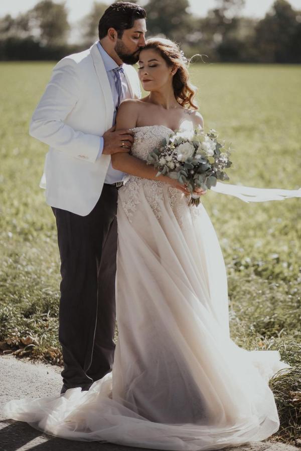 Long A-line Off the Shoulder Tulle Boho Wedding Dress with Lace