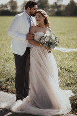 Long A-line Off the Shoulder Tulle Boho Wedding Dress with Lace