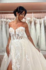 Sexy A-line Sweetheart Sleeveless Lace Chiffon Long Appliques Wedding dress with Split
