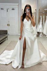 Simple White Long A-line V-neck Satin Wedding Dresses with Slit