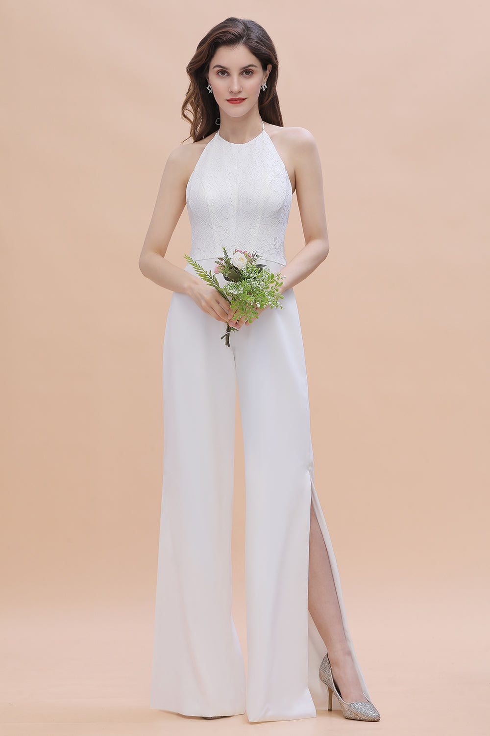 Simple White Floor Length Halter Jumpsuit Split Open Back Bridesmaid Dress