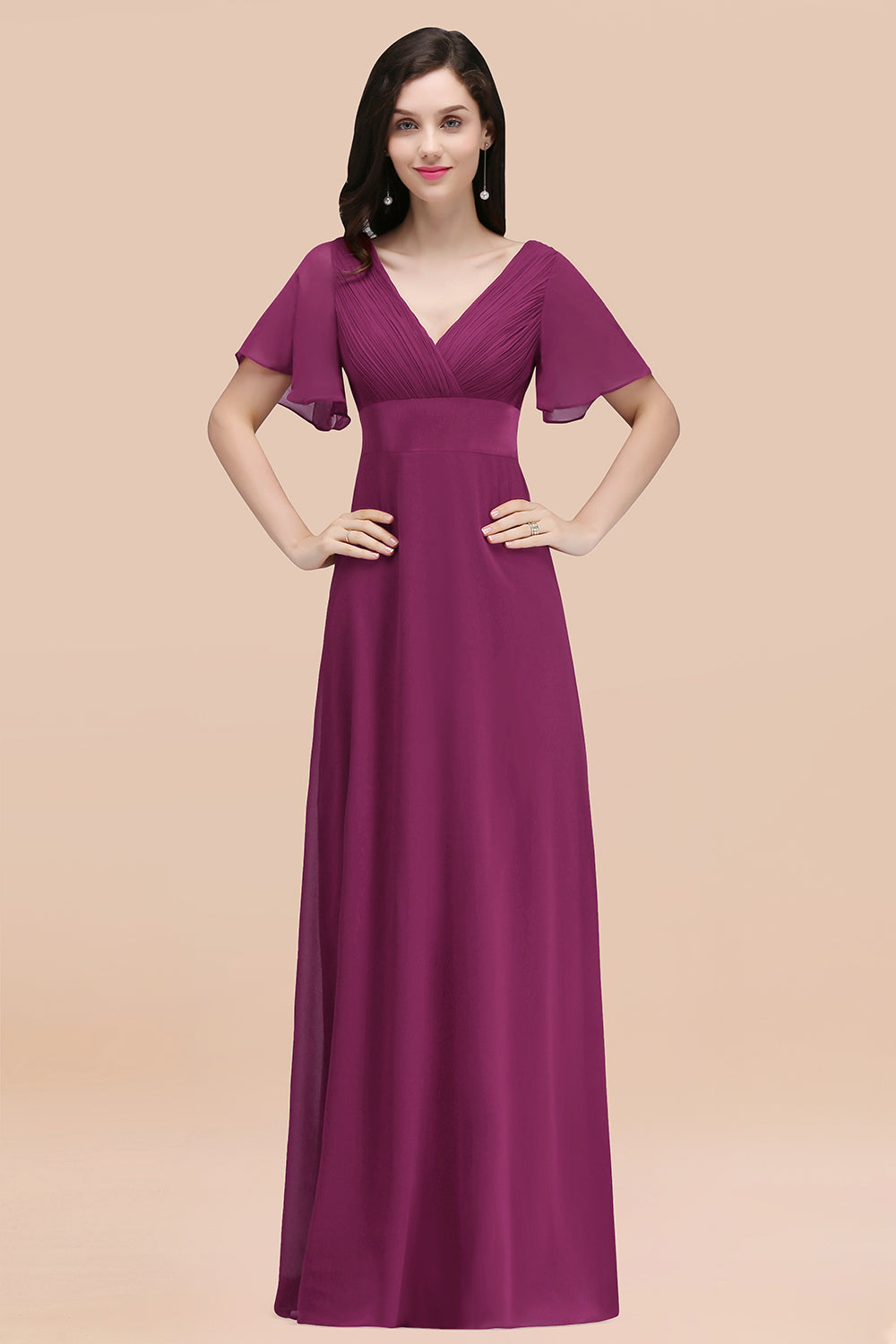 Simple A-Line Chiffon V-Neck Short Sleeves Ruffles Floor Length Bridesmaid Dresses