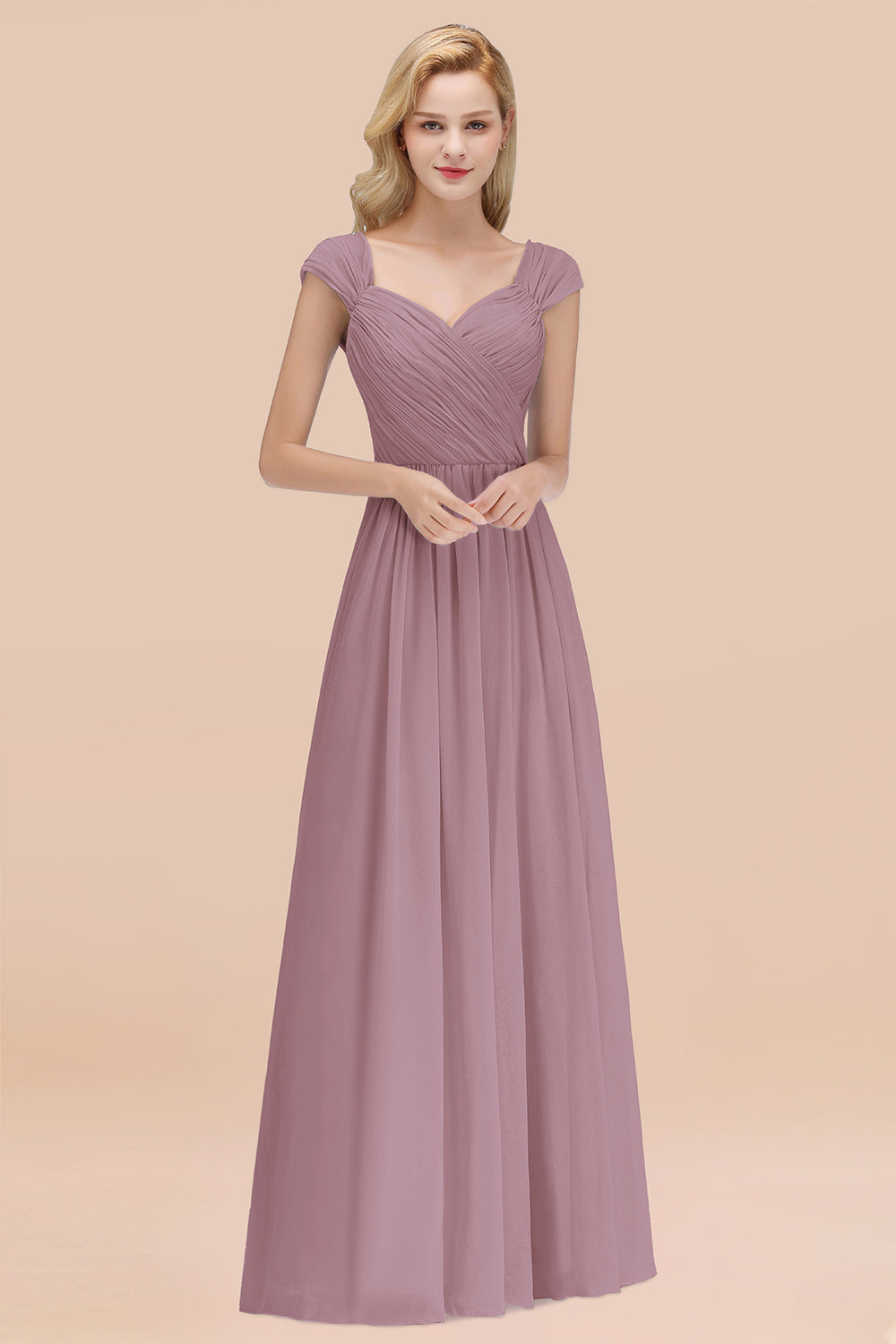 A-Line Chiffon Straps Sweetheart Sleeveless Floor Length Bridesmaid Dress with Ruffles