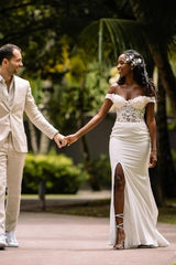 Simple Long Mermaid Sweetheart Off the Shoulder Wedding Dresses with Slit