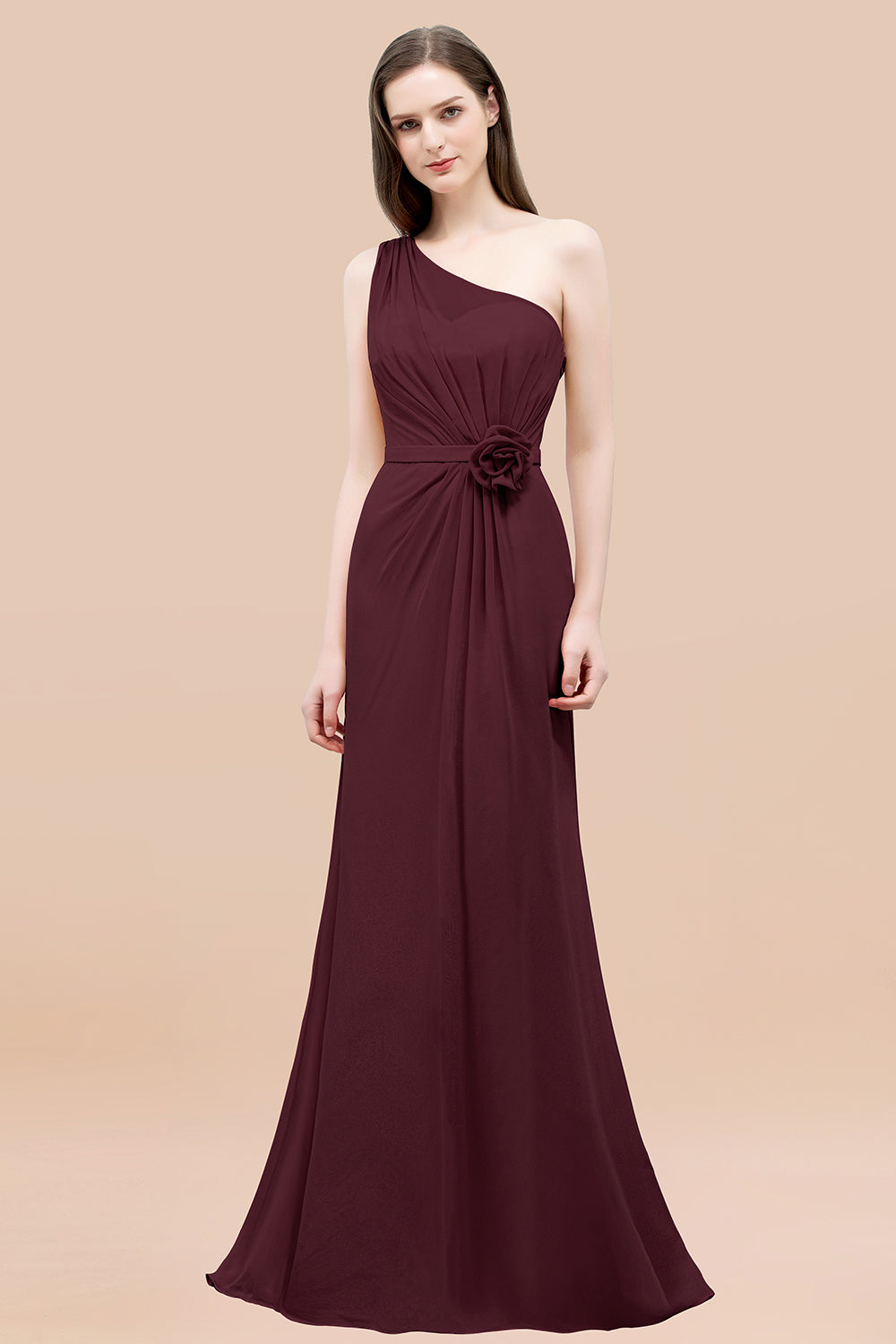 Mermaid Chiffon One Shoulder Sleeveless Ruffled Floor Length Bridesmaid Dresses with Flower