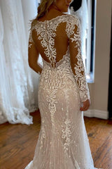 Charming Long Sleeves Mermaid V-neck Tulle Lace Wedding Dress with Ruffles