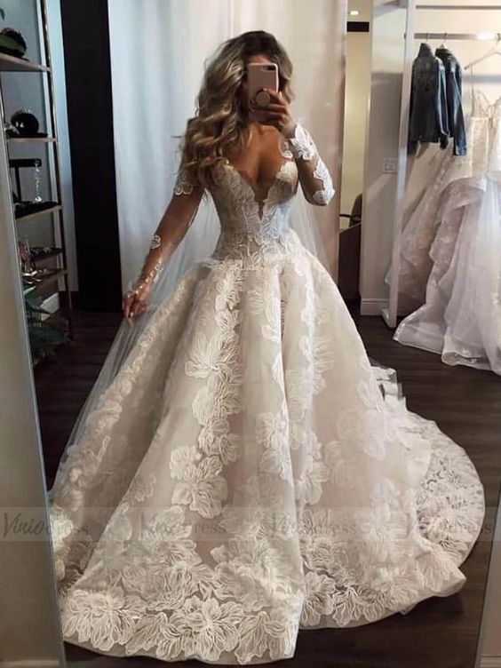 Sexy Deep V-neck Long Sleeve Appliques Lace Pearl Floor Length A-Line Wedding Dress