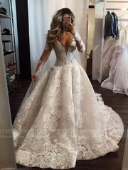 Sexy Deep V-neck Long Sleeve Appliques Lace Pearl Floor Length A-Line Wedding Dress