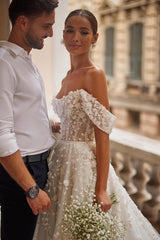 Chic Long A-line Off the Shoulder Floral Lace Tulle Backless Wedding Dress
