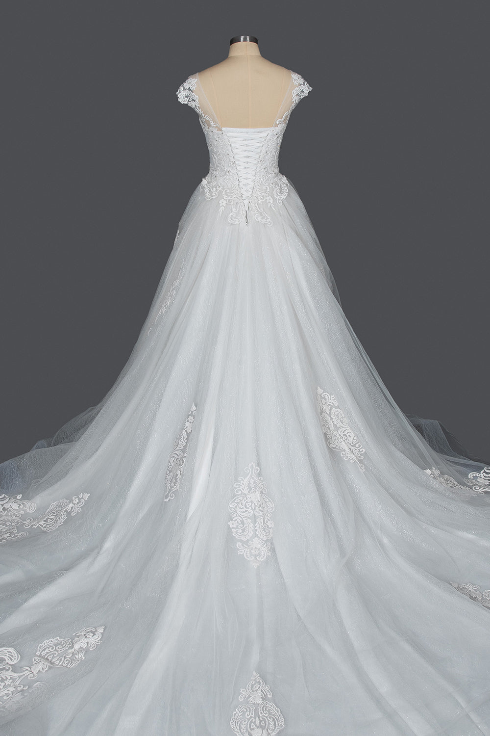 Elegant Long Cap Sleeve Tulle Lace V-neck Ball Gown Wedding Dresses