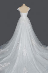 Elegant Long Cap Sleeve Tulle Lace V-neck Ball Gown Wedding Dresses