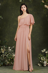 Stunning Spaghetti Straps Flower Embellishment Chiffon A-Line Split Ruffles Bridesmaid Dress With Pockets