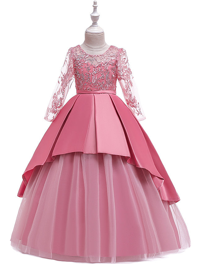Long Ball Gown Satin Tulle Flower Girl Dresses with Sleeves