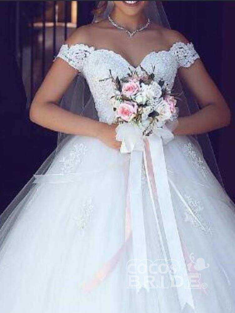 Long Off the Shoulder Lace Ball Gown Tulle Wedding Dresses